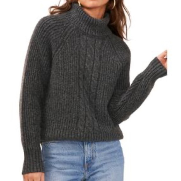 1. State Gray Cable Knit Turtleneck Sweater Long Sleeves Keyhole Back Size S - Picture 1 of 11
